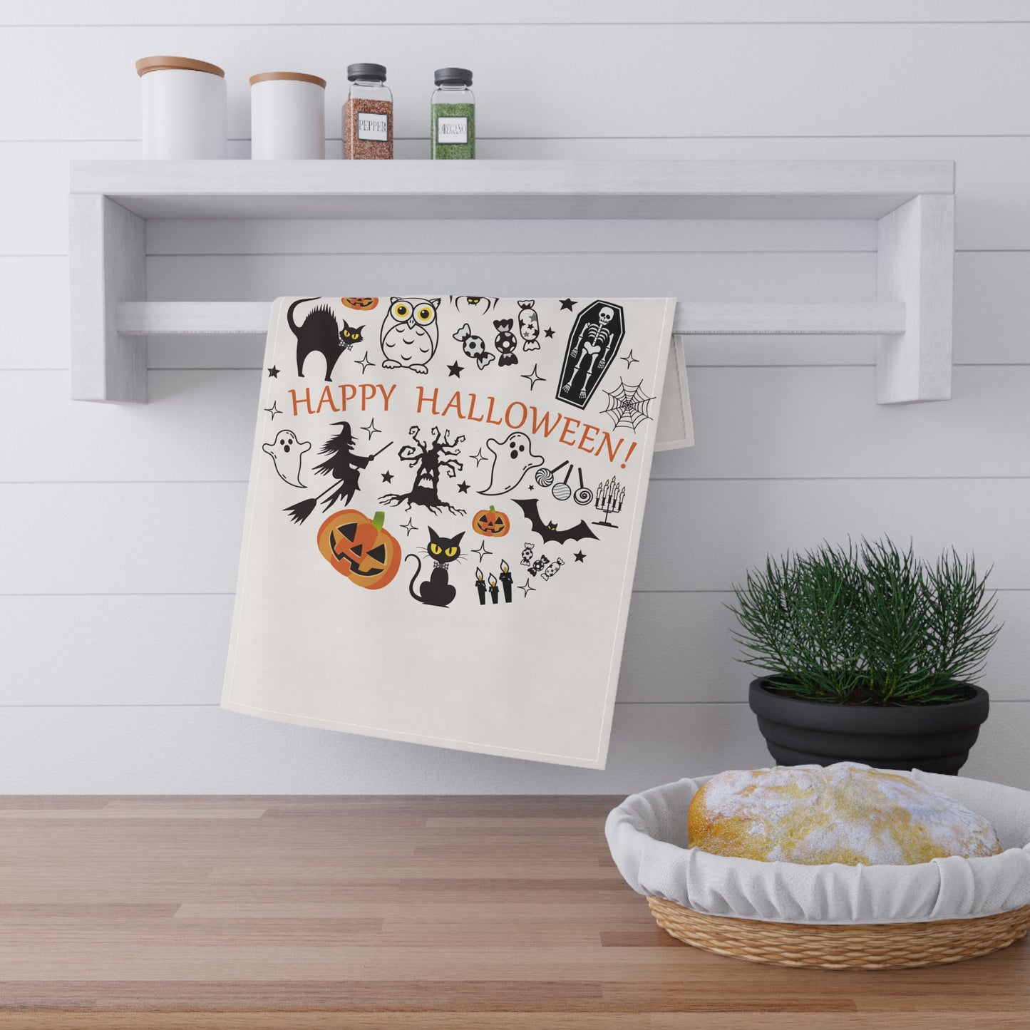 Happy Halloween Tea Towel – Black Cat, Ghosts, Pumpkins, and Bats Design