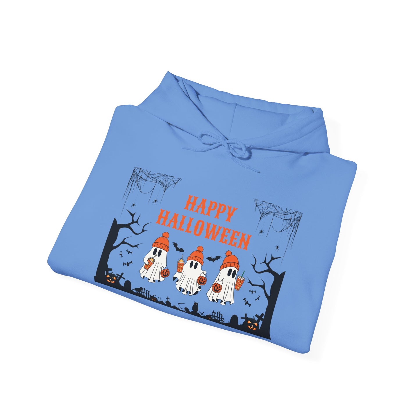 Happy Halloween” Ghost Hoodie – Pumpkin Parade in Haunted Forest