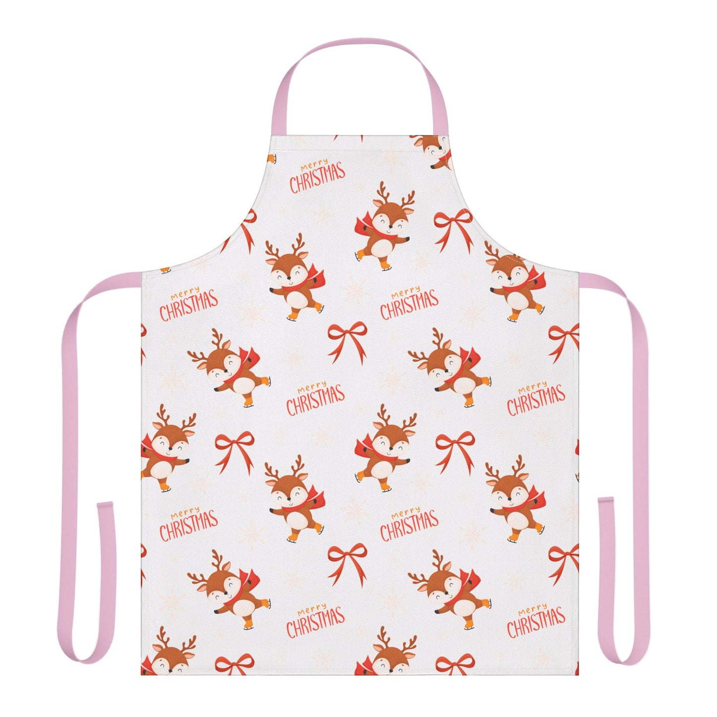 Festive Christmas Apron with Cartoon Reindeer, Red Bows, and Merry Christmas Text