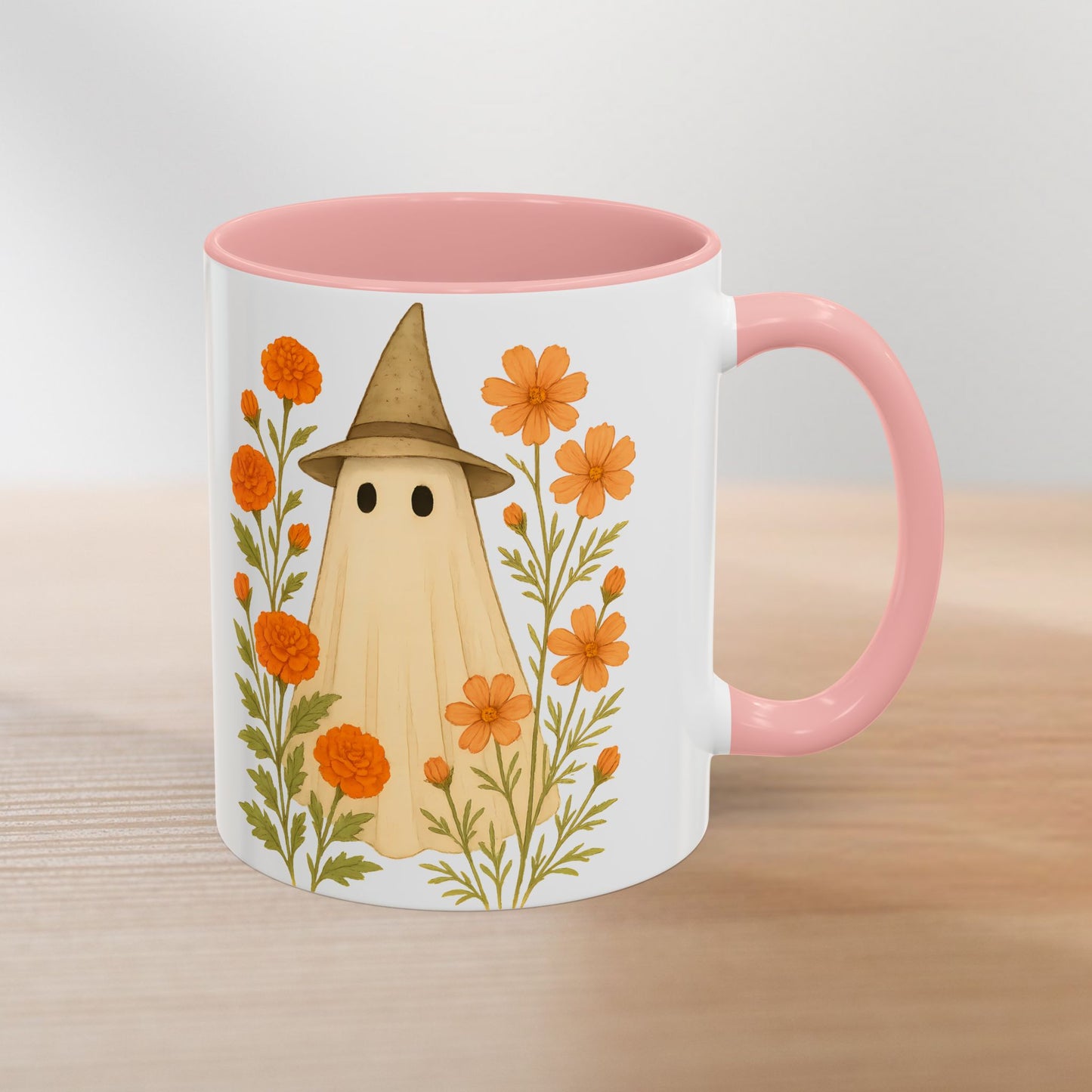 October Birth Flower Ghost Mug – Marigold & Cosmos Halloween Coffee Cup