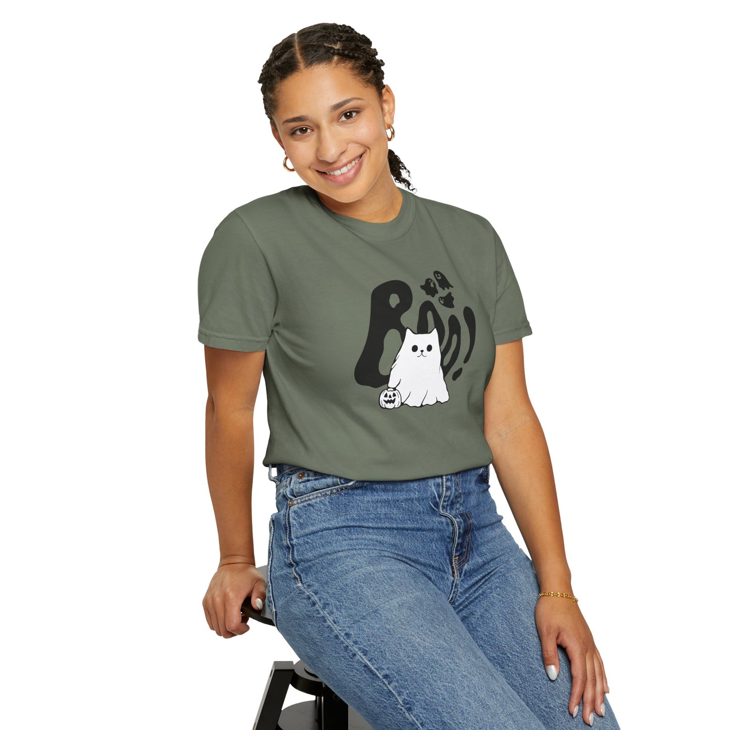 BOO Ghost Cat T-shirt– Pumpkin Purrfection for Halloween
