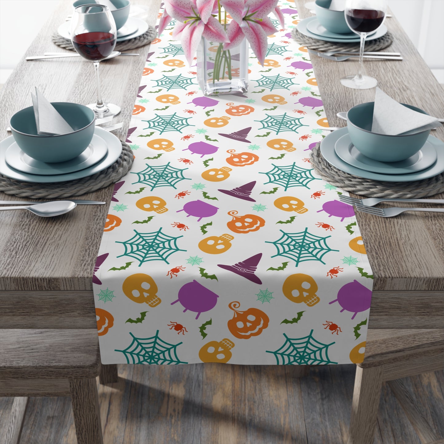 Colorful Halloween Table Runner – Skulls, Spells & Pumpkins Decor