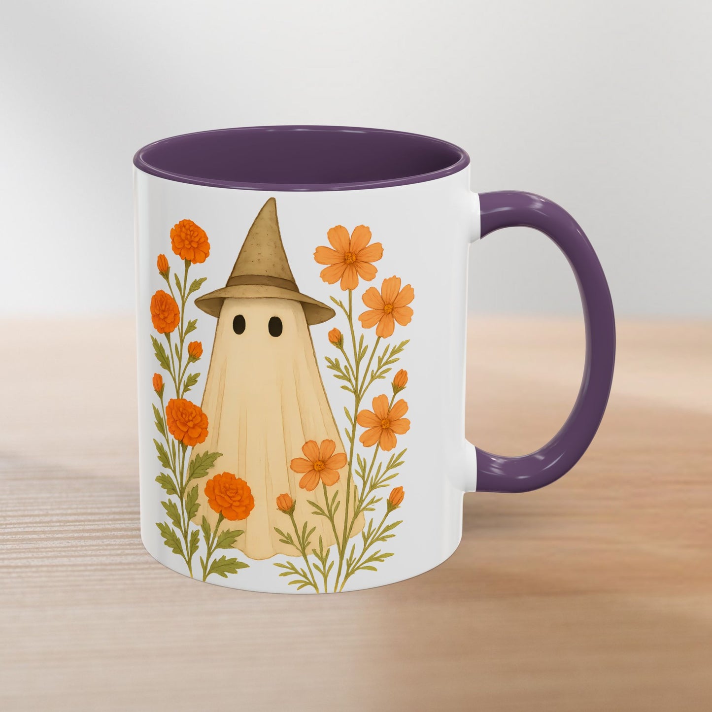 October Birth Flower Ghost Mug – Marigold & Cosmos Halloween Coffee Cup