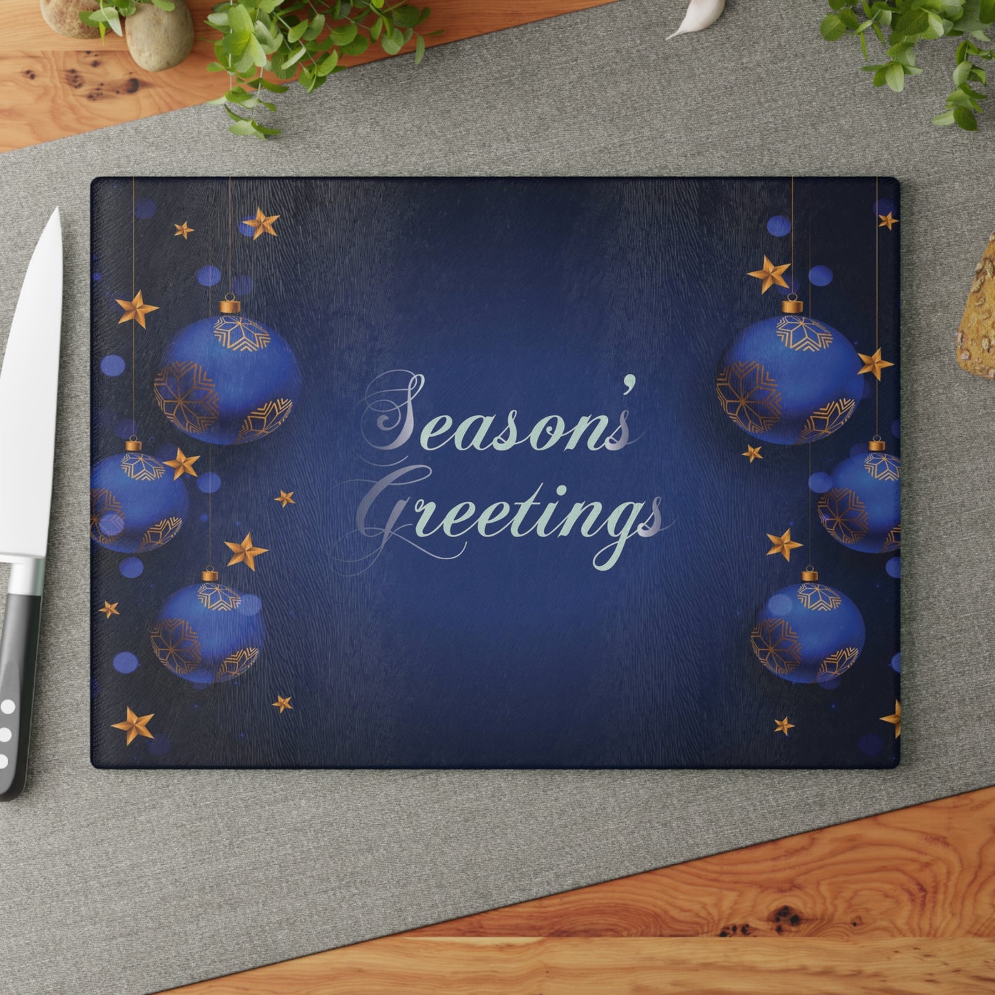 Season's Greetings Glass Cutting Board, Blue