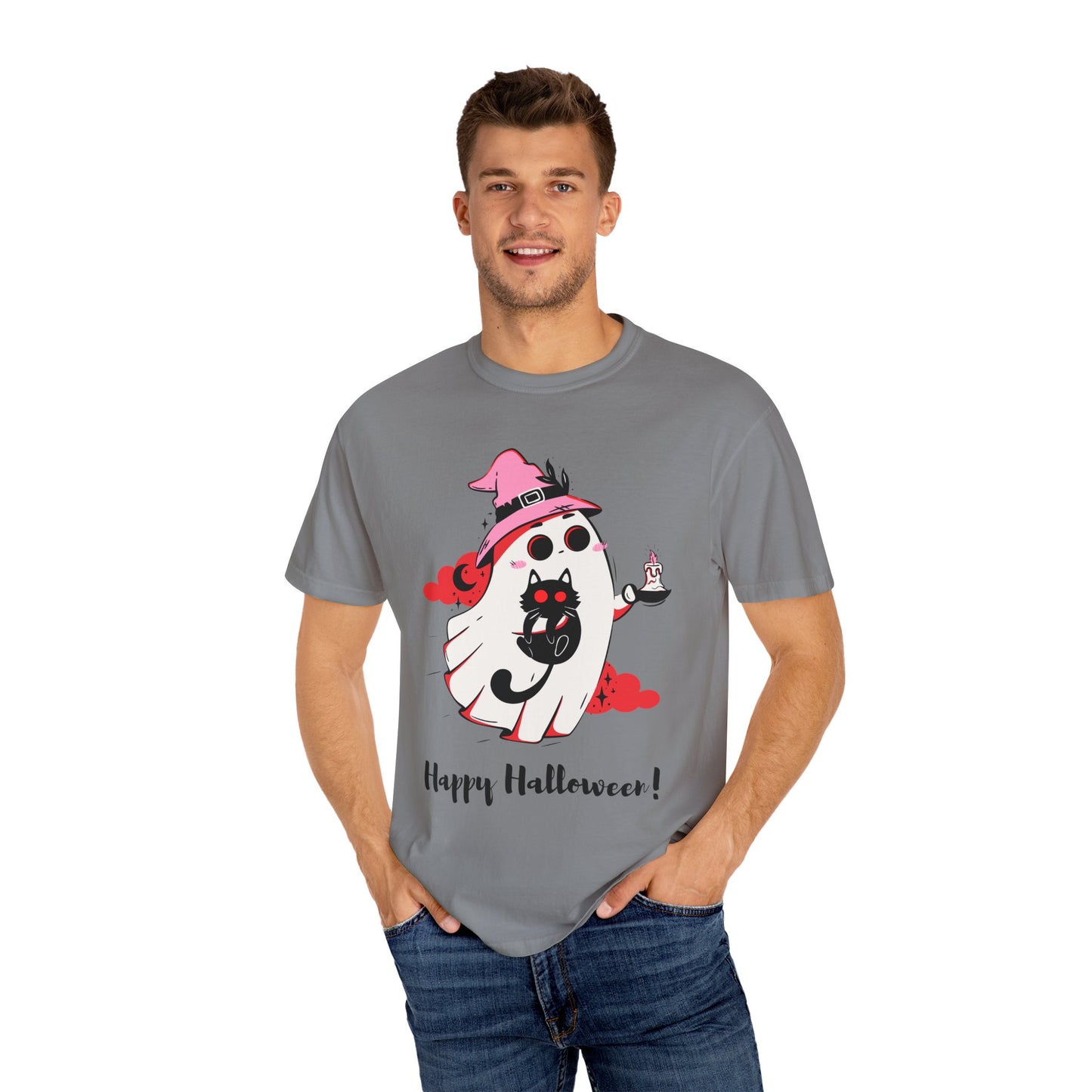 Ghostly Glam T-Shirt - Witchy Whimsy with Cat Companion