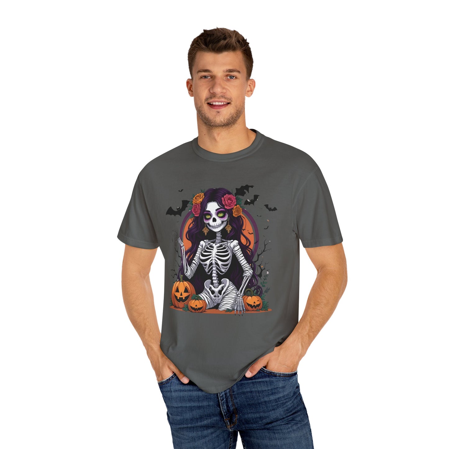 Sitting Skeleton Girl Tee – Gothic Halloween Shirt with Floral Crown