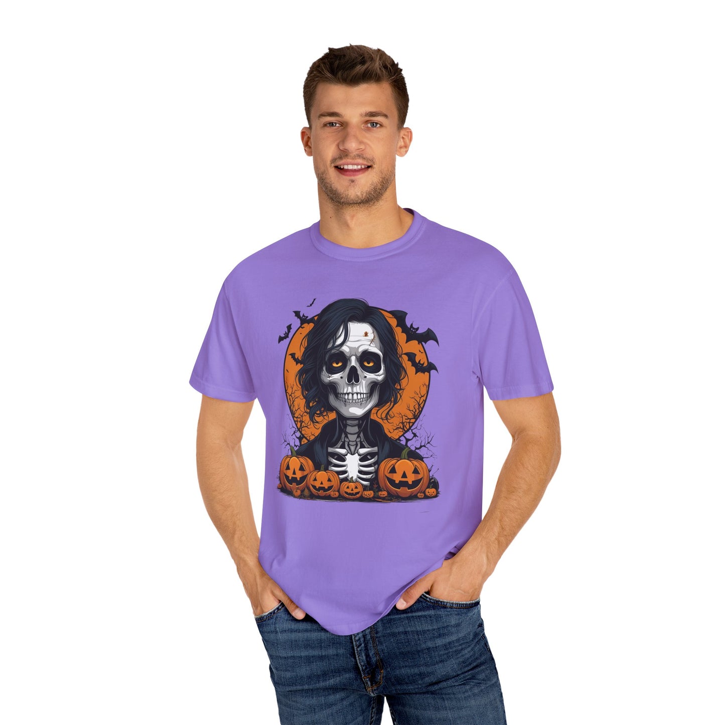 Haunted Skeleton Boy Halloween T-Shirt – Gothic Pumpkin Patch Graphic Tee, Spooky Undead Horror Shirt for Men & Women