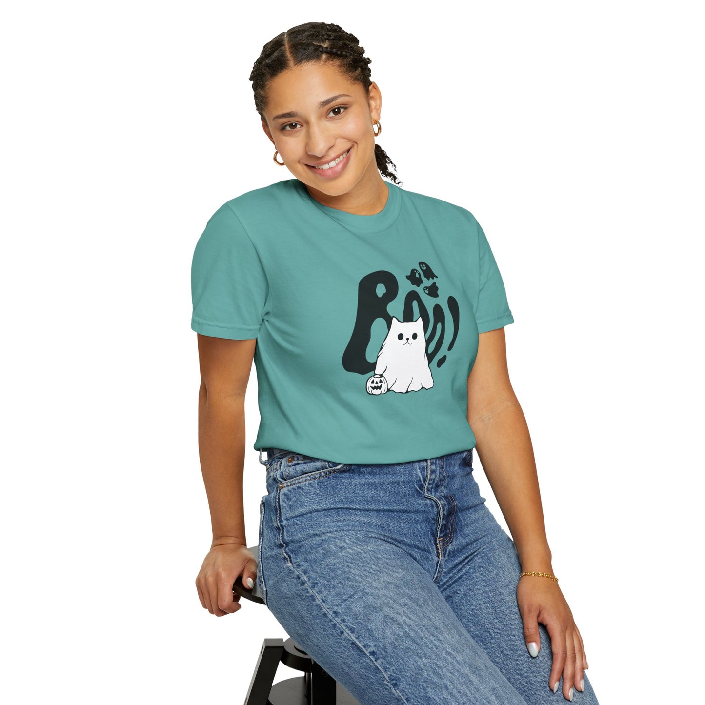 BOO Ghost Cat T-shirt– Pumpkin Purrfection for Halloween