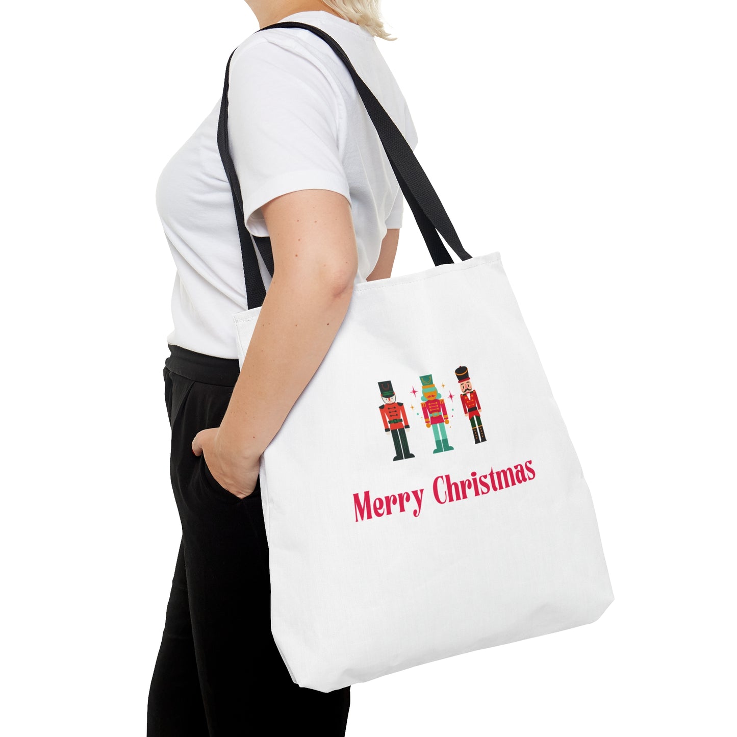Tote Bag – Nutcracker Trio with “Merry Christmas” Text – Gift for Holiday Shoppers & Seasonal Outings
