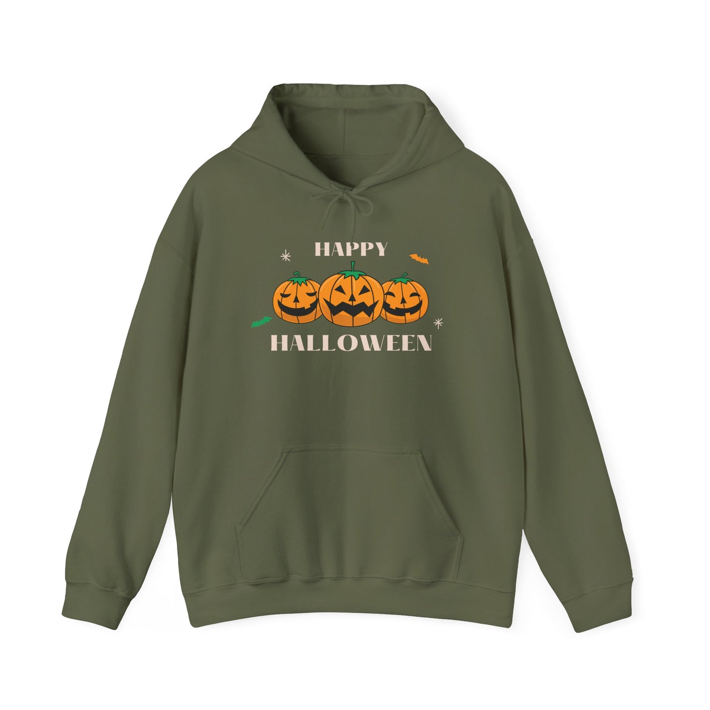 Happy Halloween" Pumpkin Trio Hoodie – Festive & Cozy for Spooky Season
