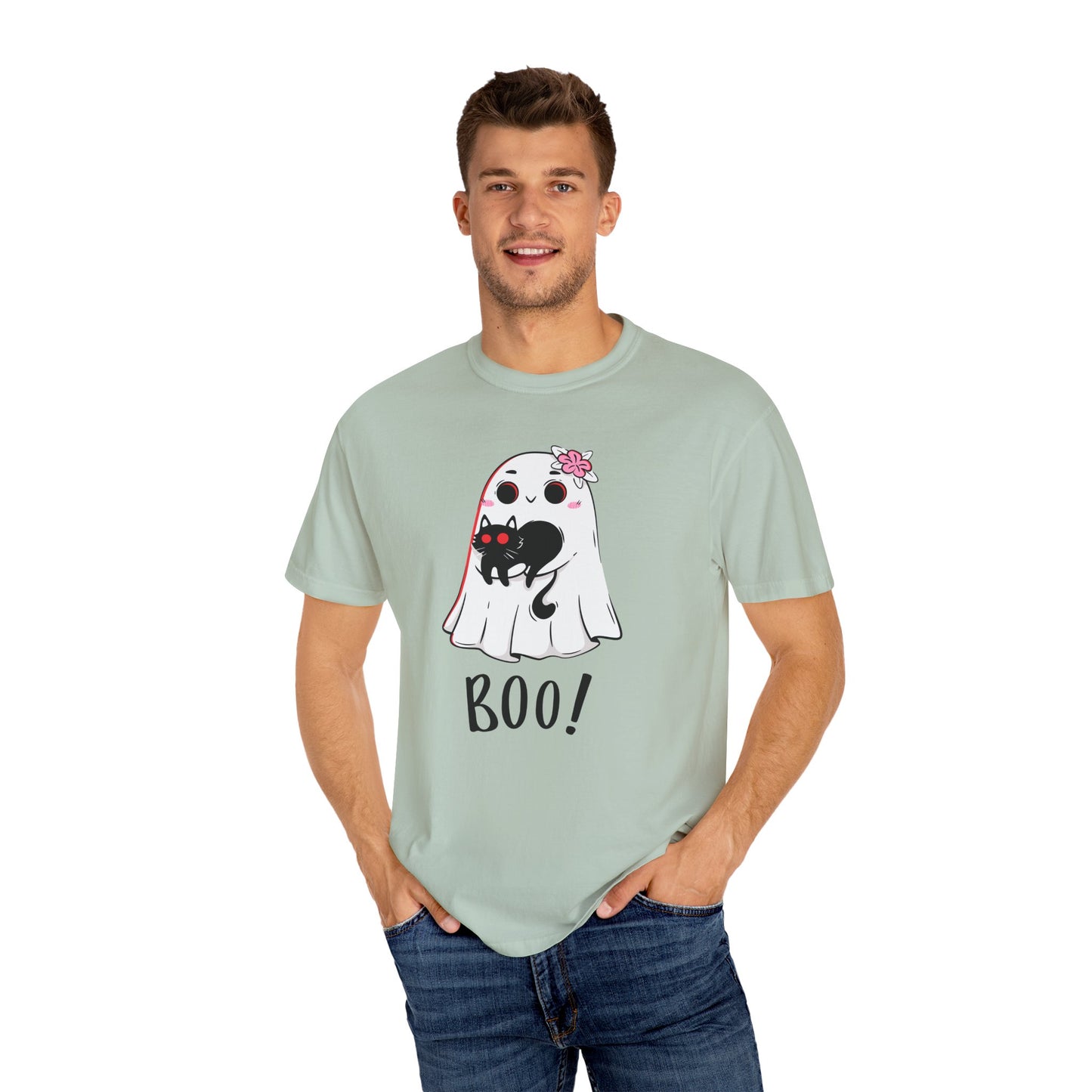 BOO Buddies Tee – Ghost & Cat Duo with Floral Charm