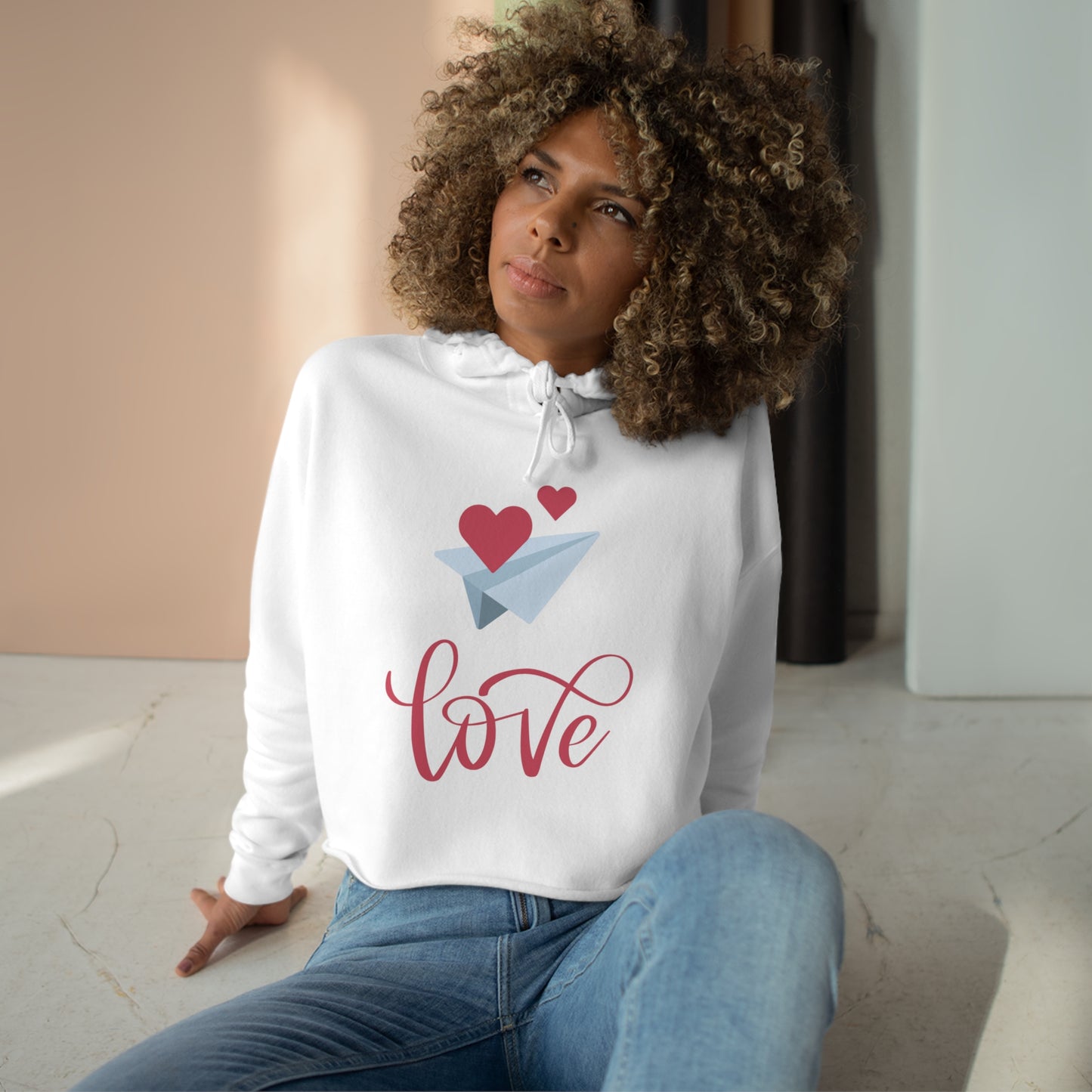 Valentine's Crop Hoodie with Love and Flying Heart Printed, Valentine's Gift