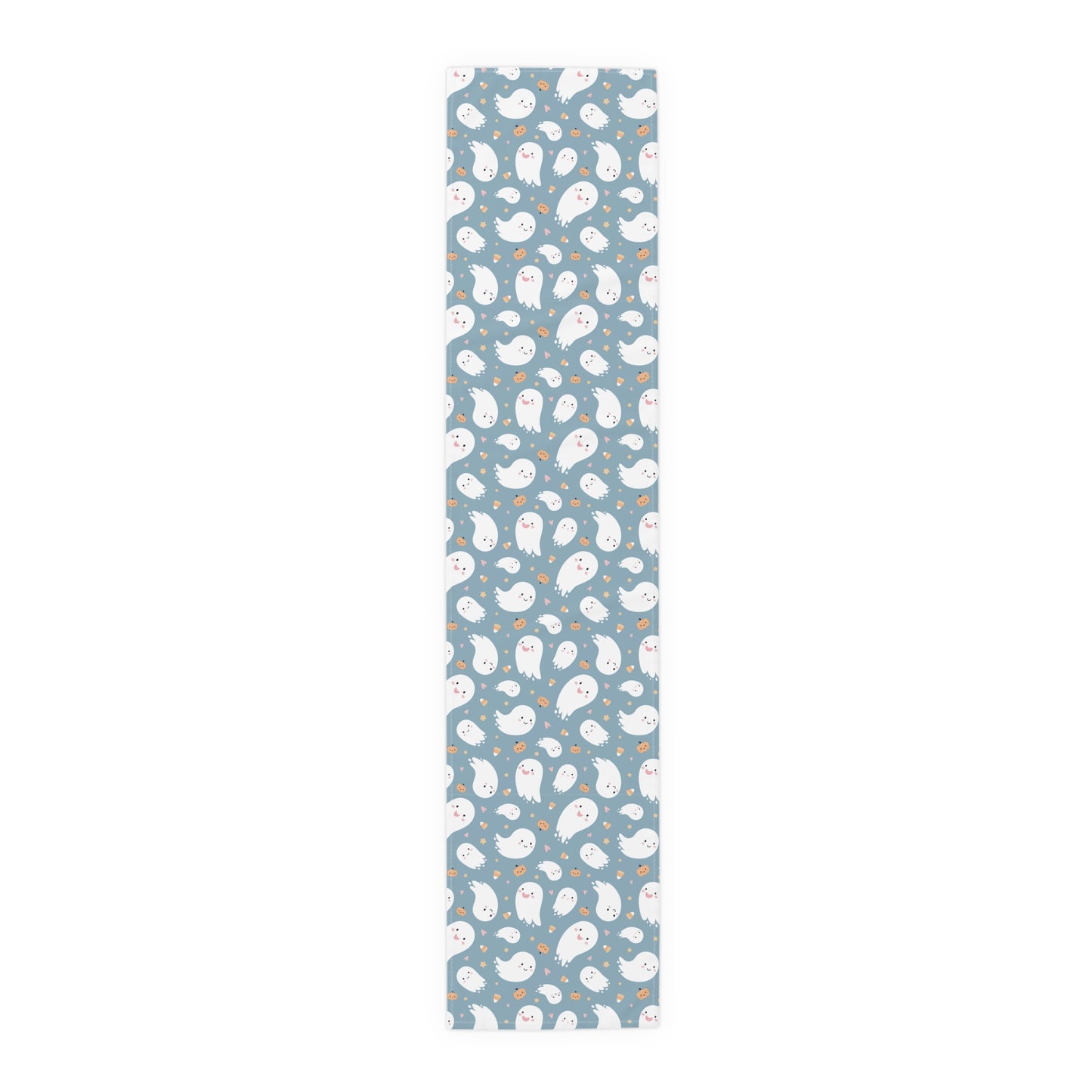 Smiling Ghost Pattern Table Runner – Whimsical Blue Halloween Decor
