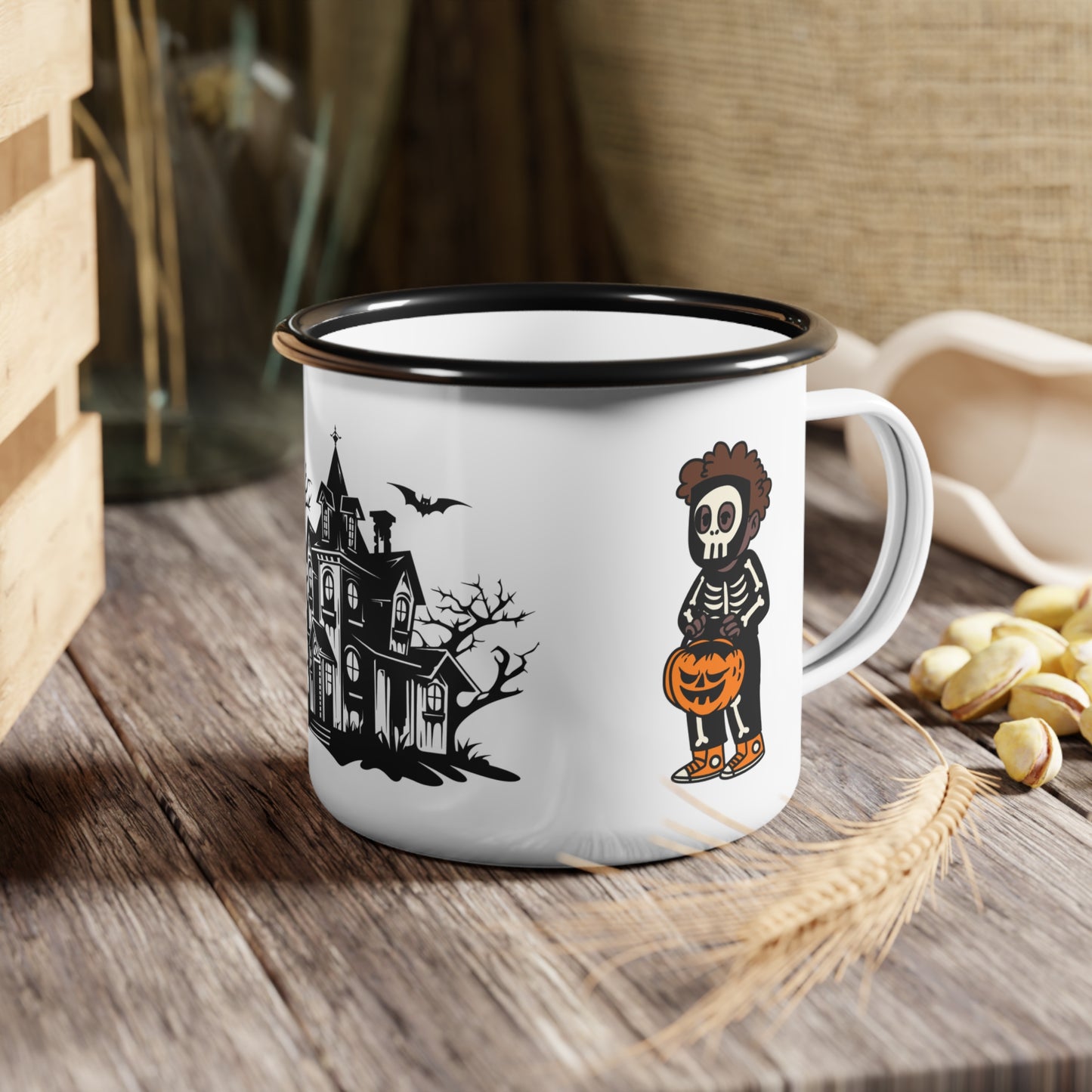 Spooky Mansion Enamel Camp Cup – Skeleton and Jack-O’-Lantern Design