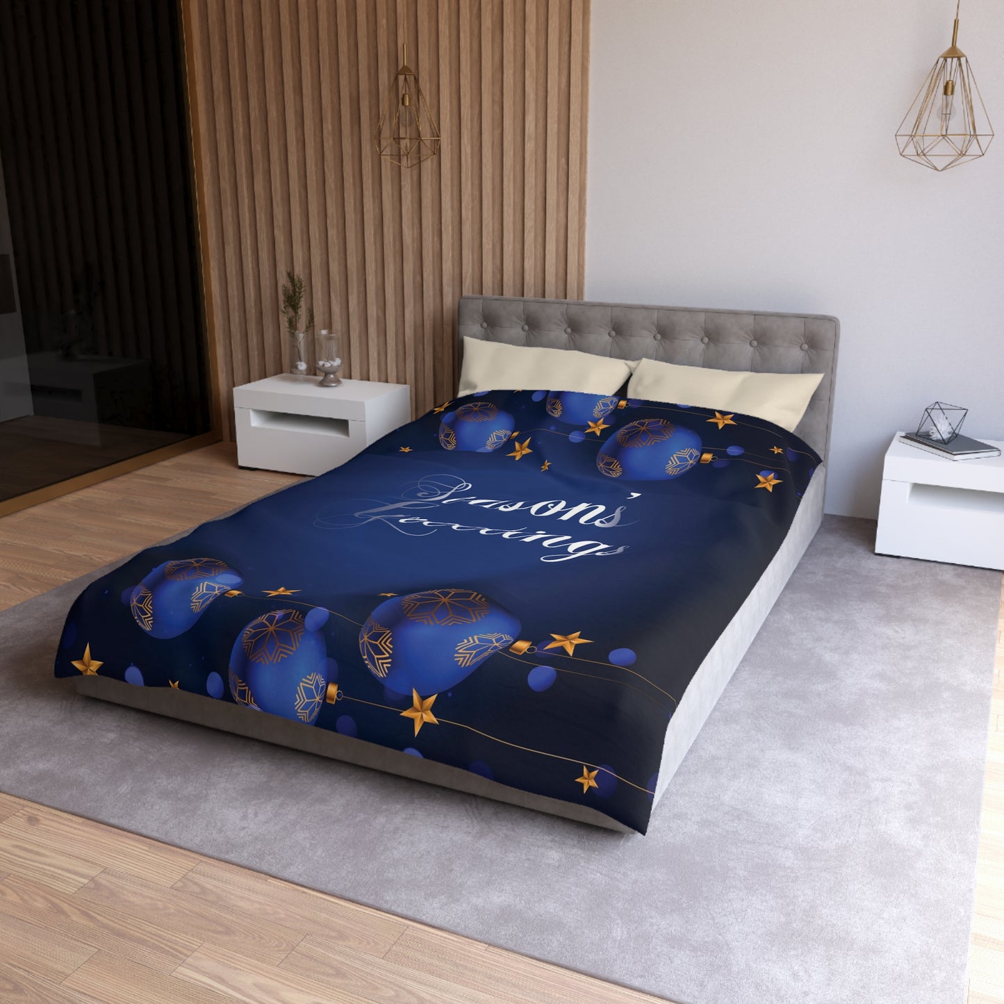 Seasons Greetings Microfiber Duvet Cover for Chirtsmas Gift, Dark Blue
