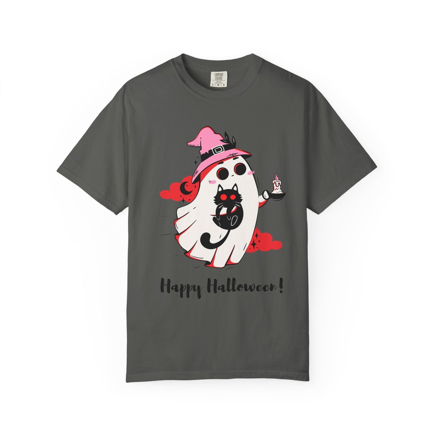 Ghostly Glam T-Shirt - Witchy Whimsy with Cat Companion