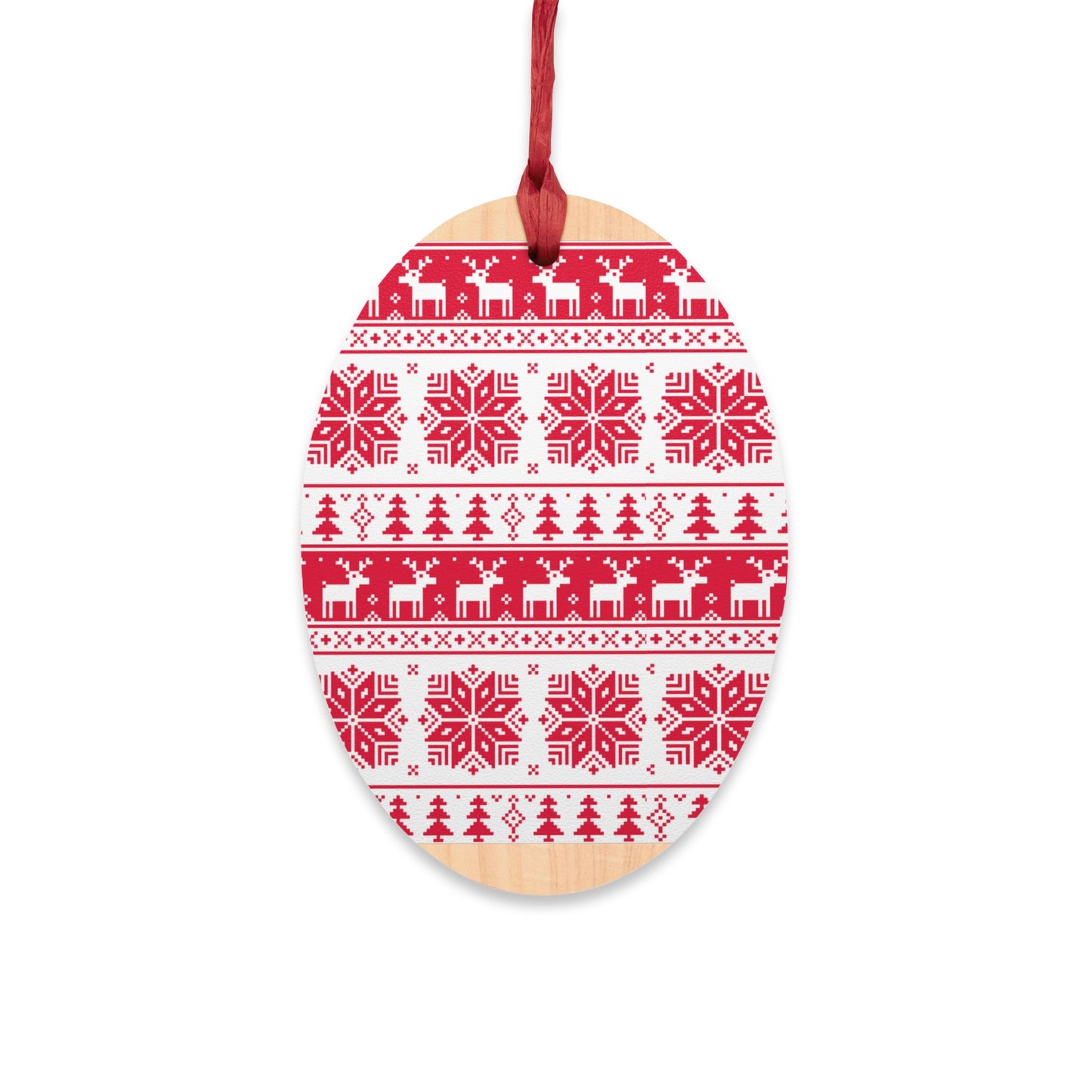 Nordic Bell-Shaped Wooden Ornament – Red & White Reindeer Pattern – Magnetic Holiday Decor with Ribbon
