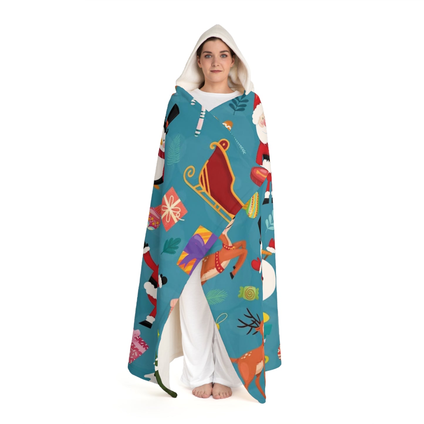 Sherpa Hooded Blanket – Blue with Gingerbread, Santa & Candy Canes – Cozy Christmas Gift