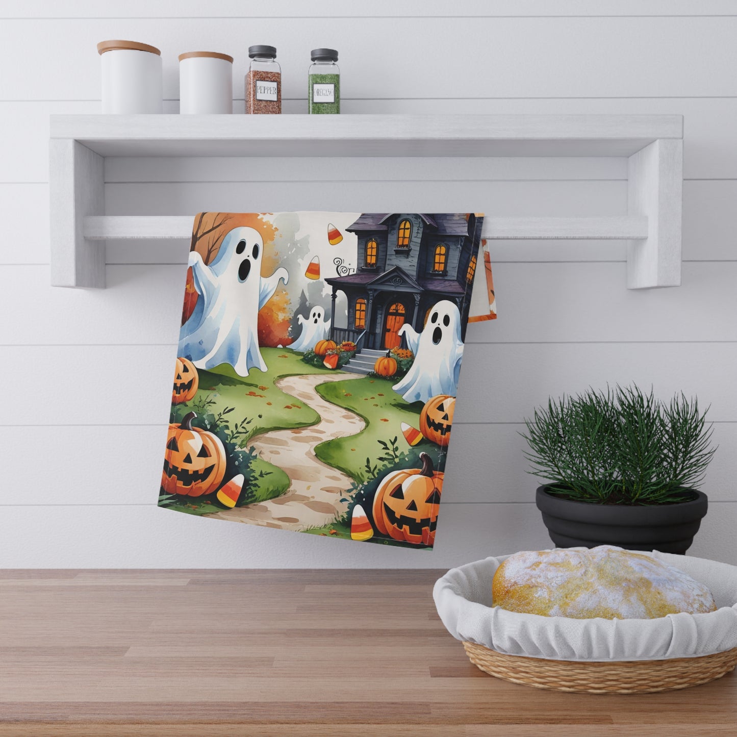 Playful Ghosts Halloween Tea Towel – Haunted House, Pumpkins, and Autumn Leaves