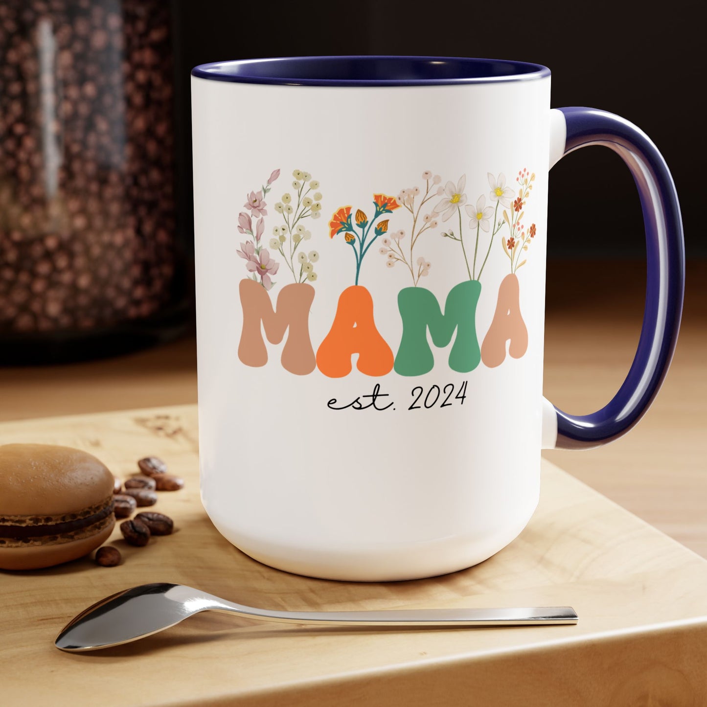 Mama est. Ceramic Coffee Mug – Boho Floral Personalized Mom Gift, 15oz
