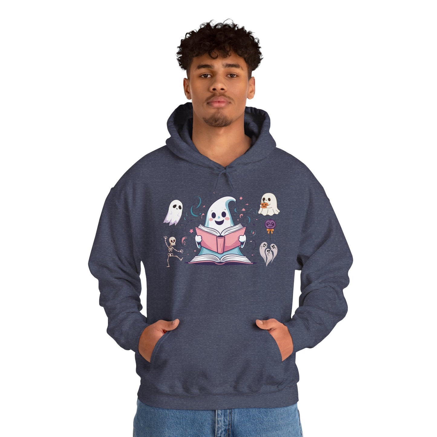 Cute Ghost Reading Hoodie – Whimsical Halloween Sweatshirt for Book Lovers
