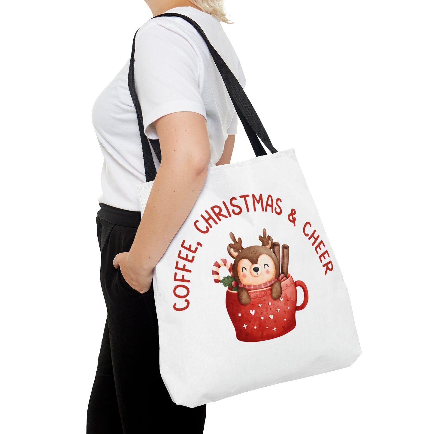 Tote Bag – COFFEE, CHRISTMAS & CHEER Reindeer Design – Gift for Holiday Shoppers, Winter Coffee Lovers