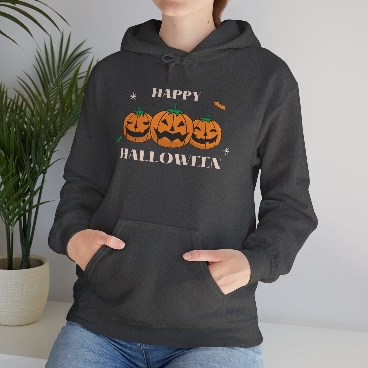 Happy Halloween" Pumpkin Trio Hoodie – Festive & Cozy for Spooky Season