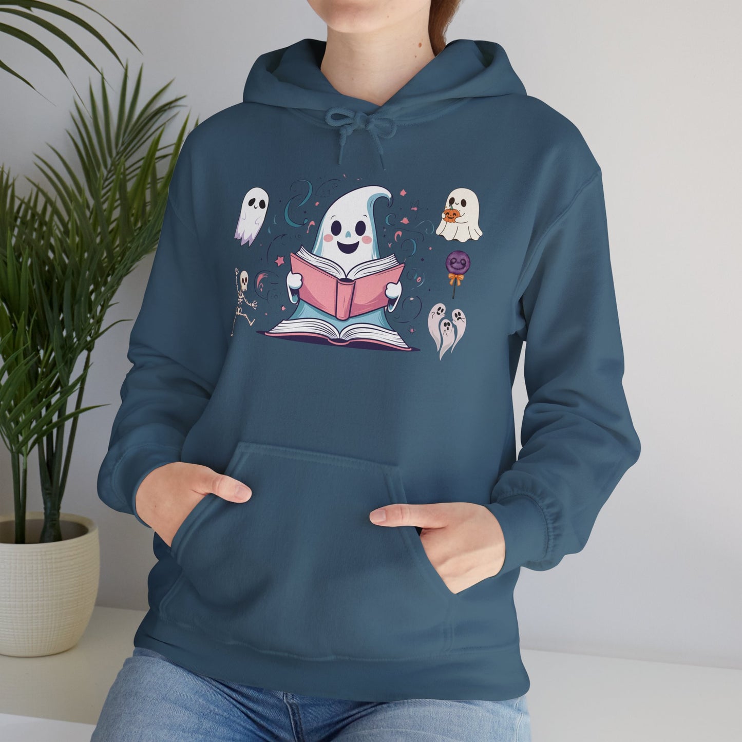 Cute Ghost Reading Hoodie – Whimsical Halloween Sweatshirt for Book Lovers