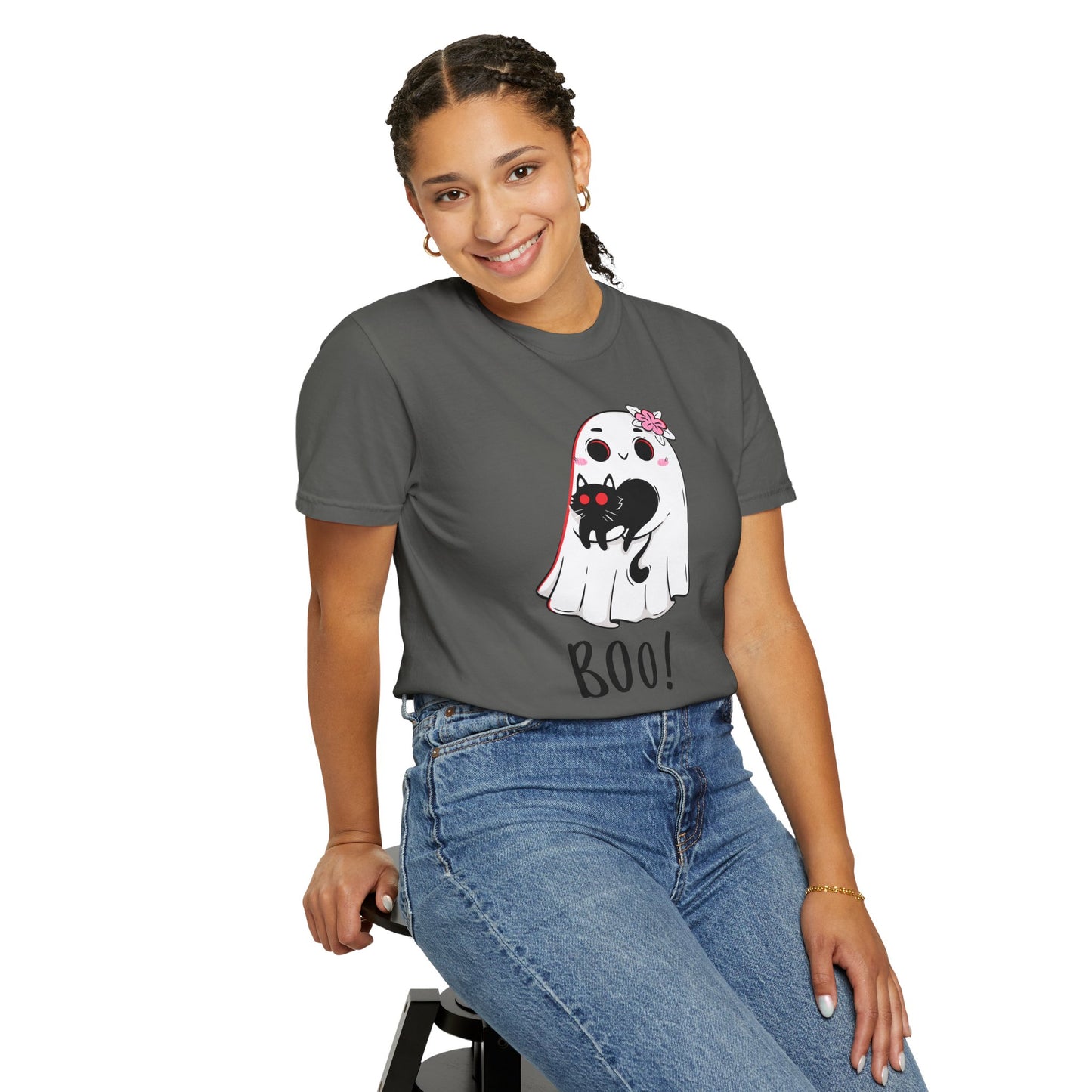 BOO Buddies Tee – Ghost & Cat Duo with Floral Charm