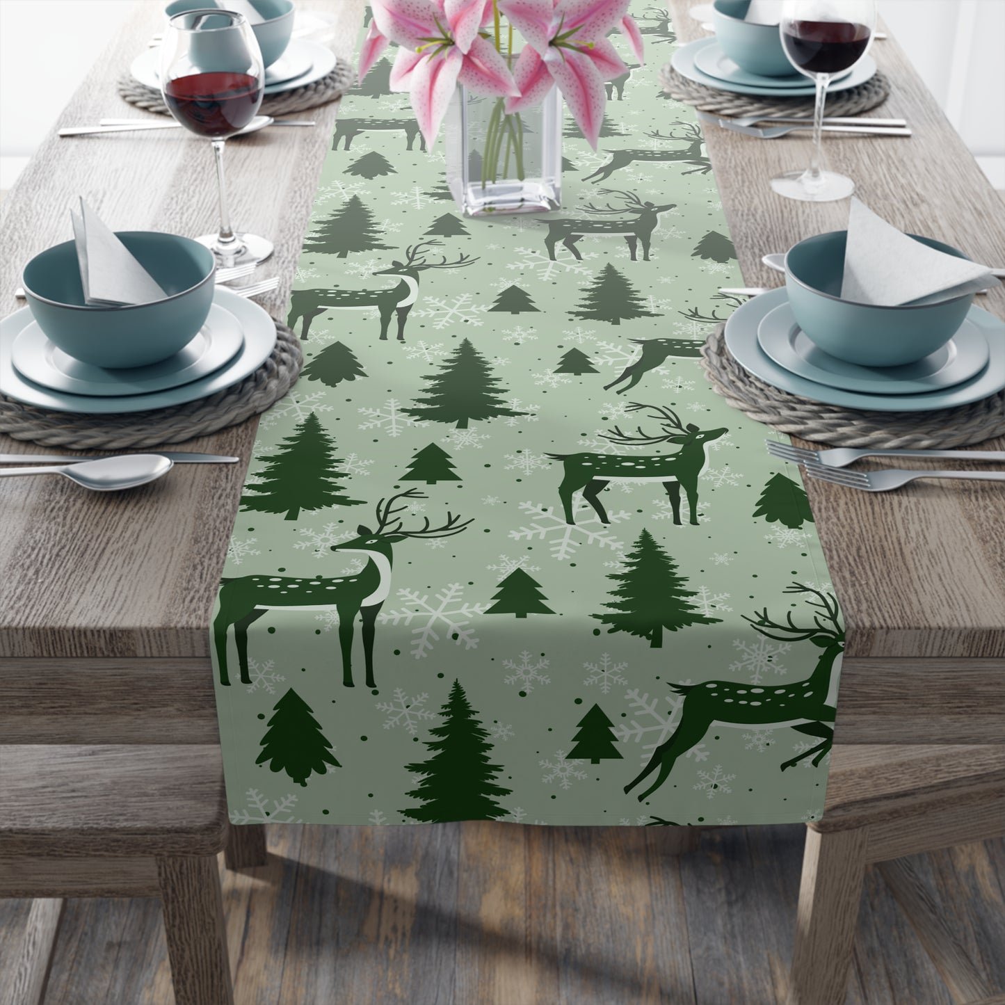 Reindeer & Evergreen Table Runner – Festive Green Winter Holiday Decor