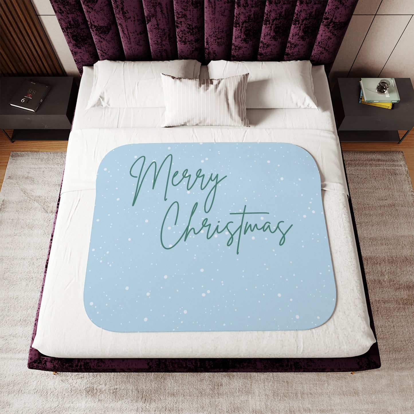 Merry Christmas Printed Sherpa Blanket, Sky Blue