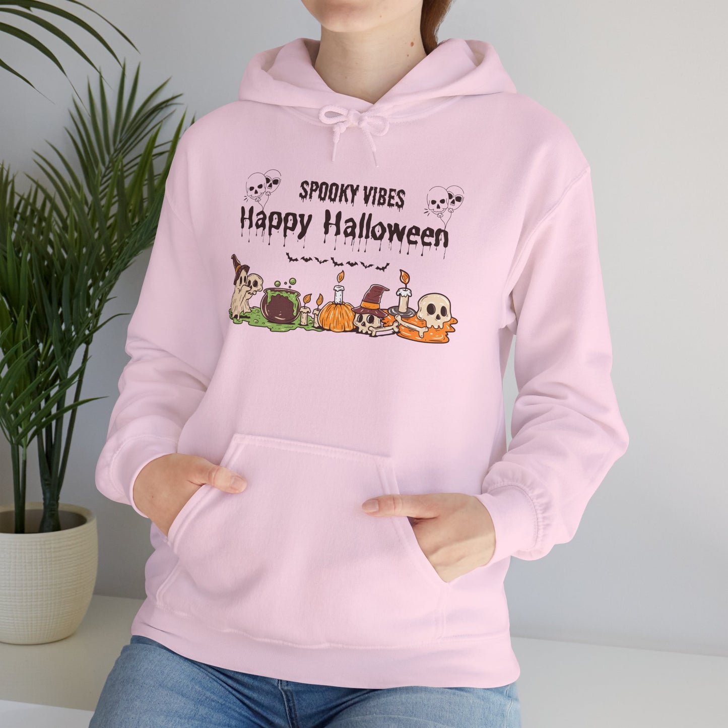 Spooky Vibes” Halloween Hoodie – Ghosts, Cauldrons & Cozy Curses