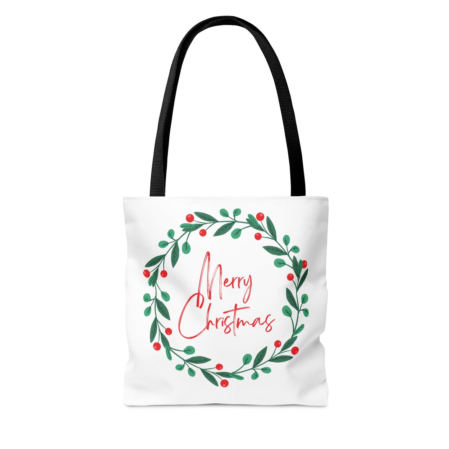 Christmas Tote Bag with “Merry Christmas” Wreath Design – Festive All-Over Print Carryall in 3 Sizes