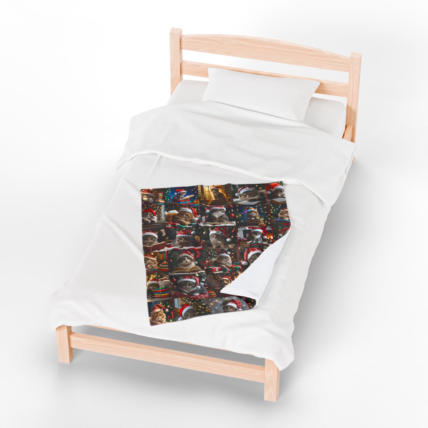 Christmas Cats Reading Blanket, Velveteen Plush Holiday Throw with Santa Hat Kitties & Books