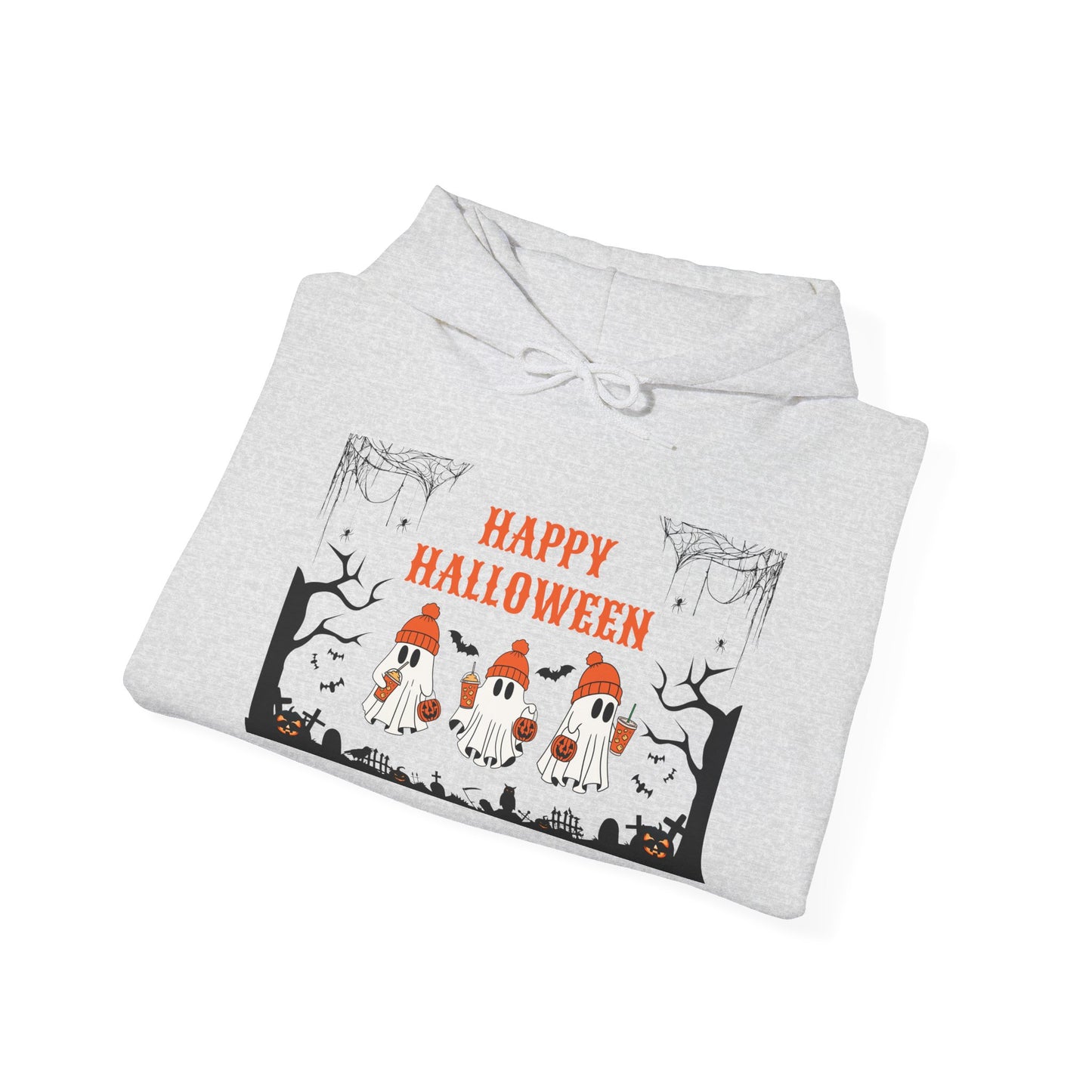 Happy Halloween” Ghost Hoodie – Pumpkin Parade in Haunted Forest