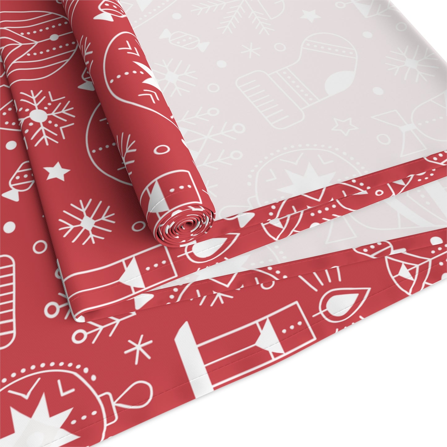 Christmas Table Runner, Red Background with White Ornaments Snowflakes Hearts and Sleighs, Festive Holiday Dining Decor
