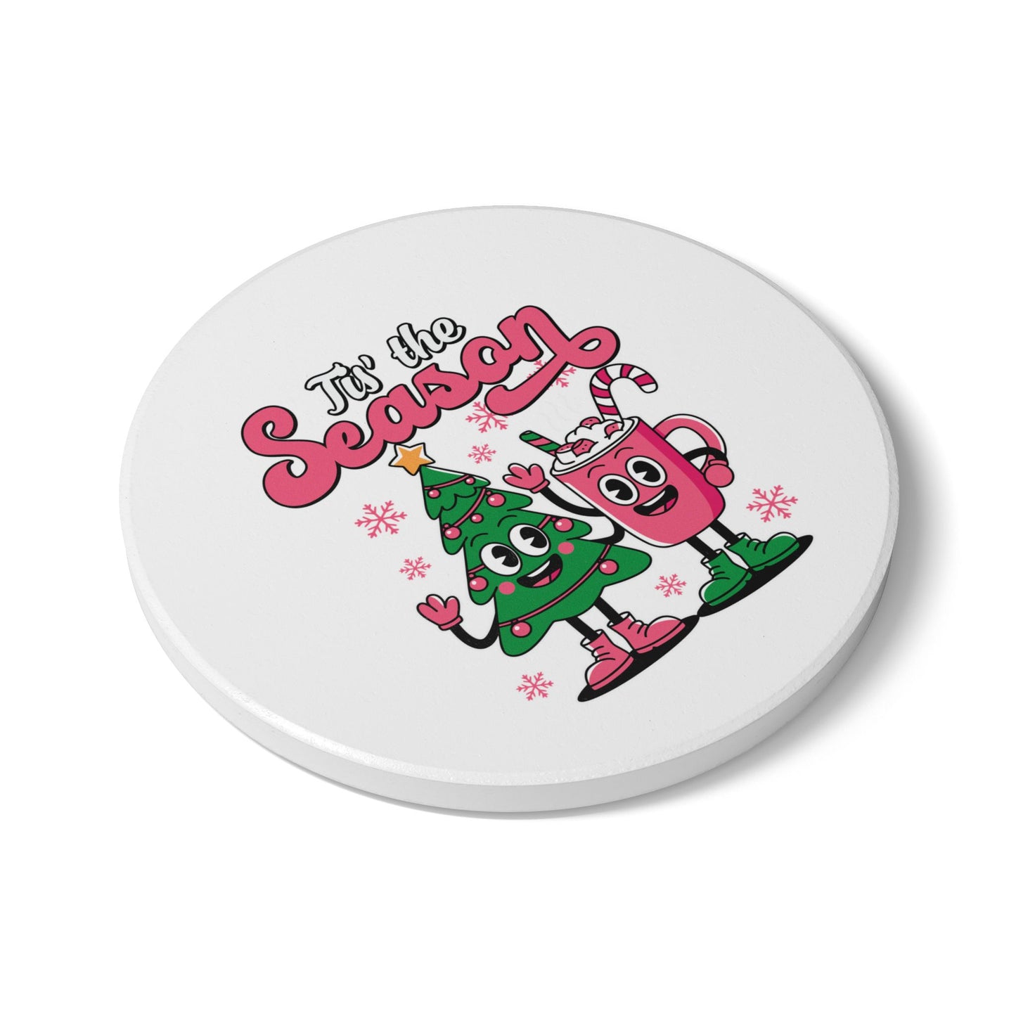 Festive Christmas Coaster with Cartoon Tree and Holiday Cup