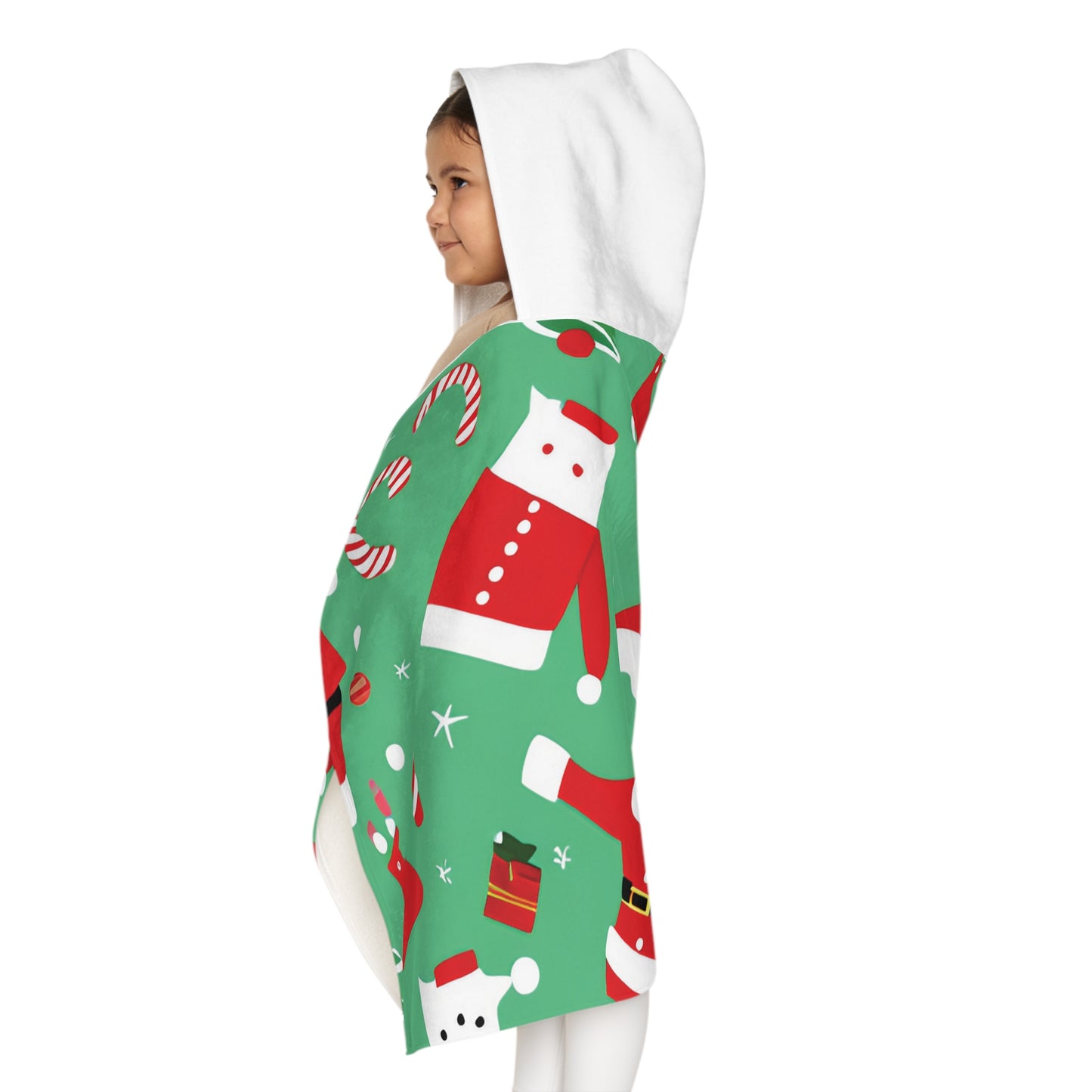 Kids’ Towel Hoodie – Green Christmas Design with Santa, Snowmen & Candy Canes – Soft Holiday Bath & Beach Wrap