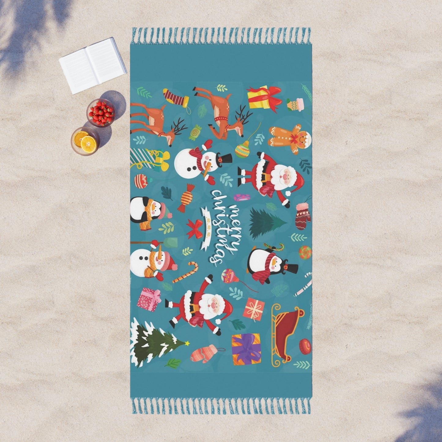 Christmas Boho Beach Cloth – Large Holiday Polyester Towel with Tassels