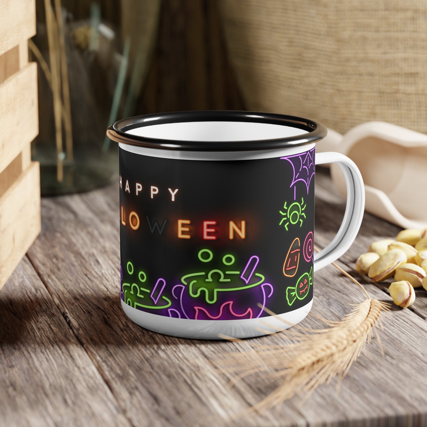 Happy Halloween Enamel Camp Cup – Neon Cauldron and Spooky Design