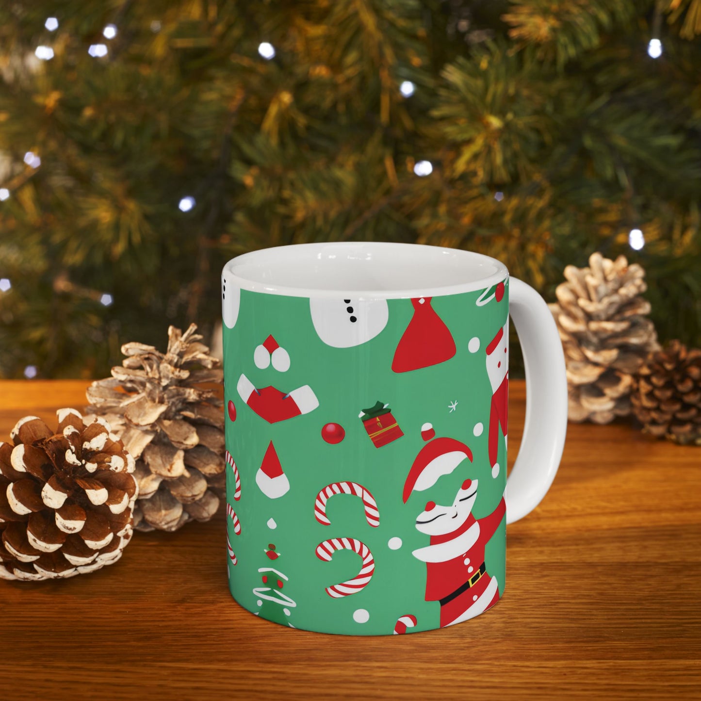 Ceramic Mug – Green Christmas Design with Santa, Candy Canes & Gifts – Holiday Gift for Coffee & Cocoa Lovers