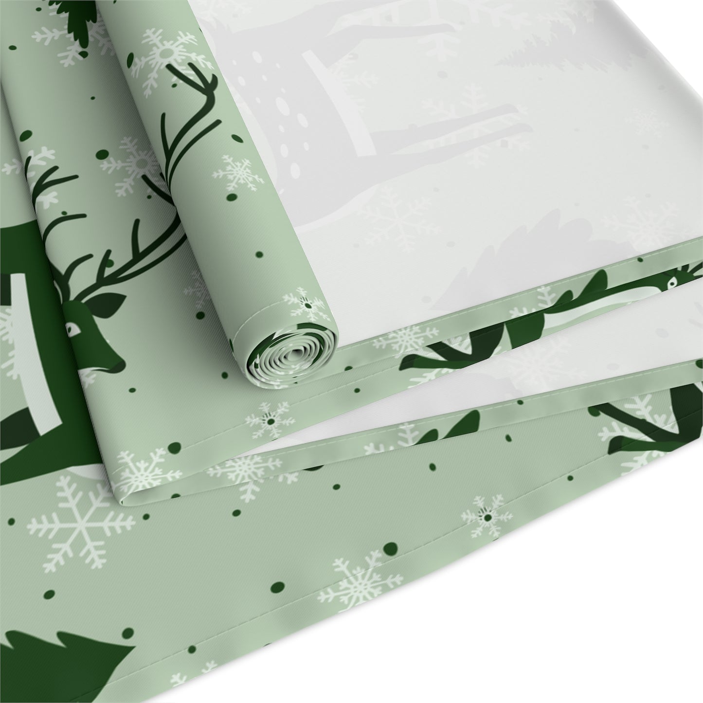 Reindeer & Evergreen Table Runner – Festive Green Winter Holiday Decor