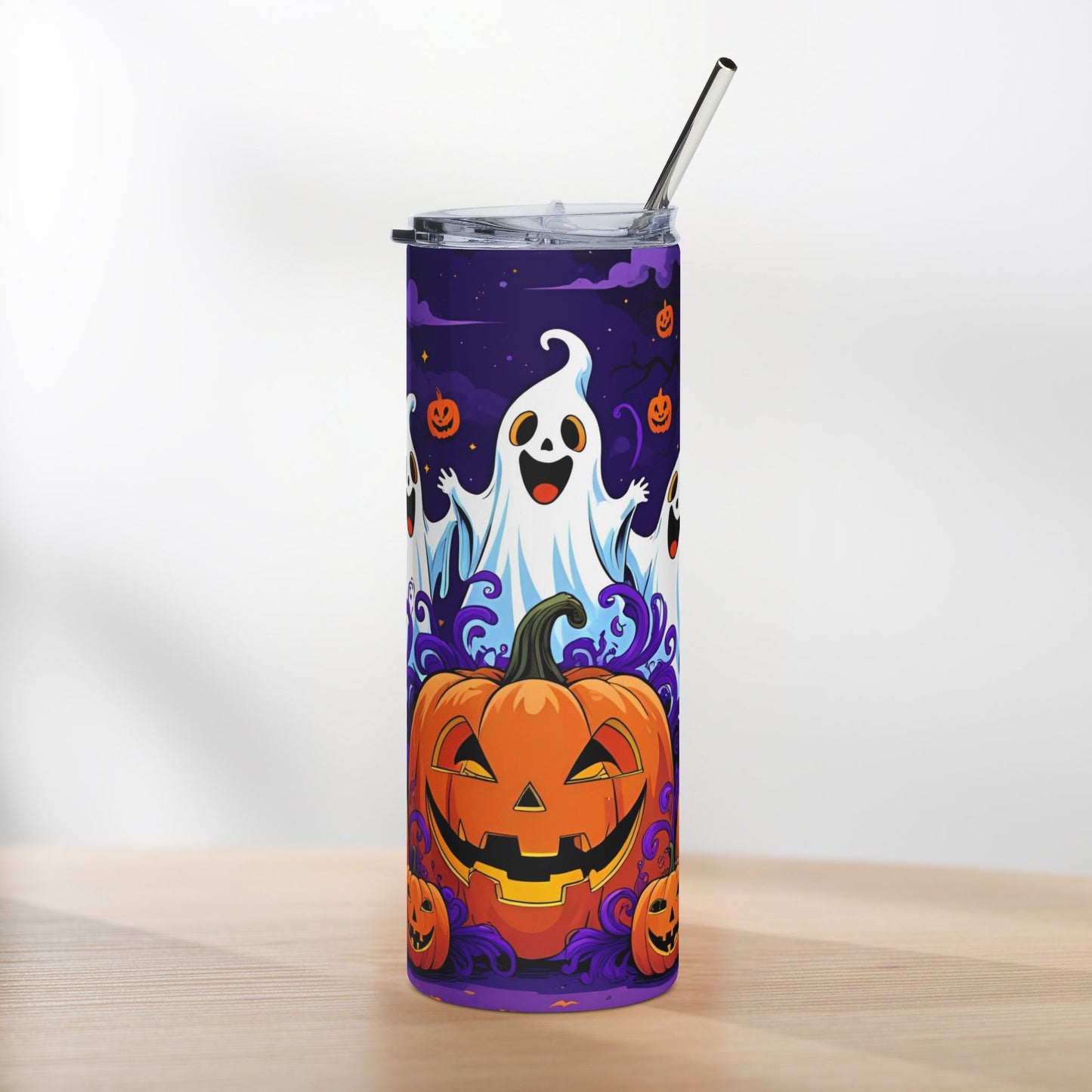 Smiling Ghost & Pumpkin Halloween Tumbler – Festive Purple Swirl Design