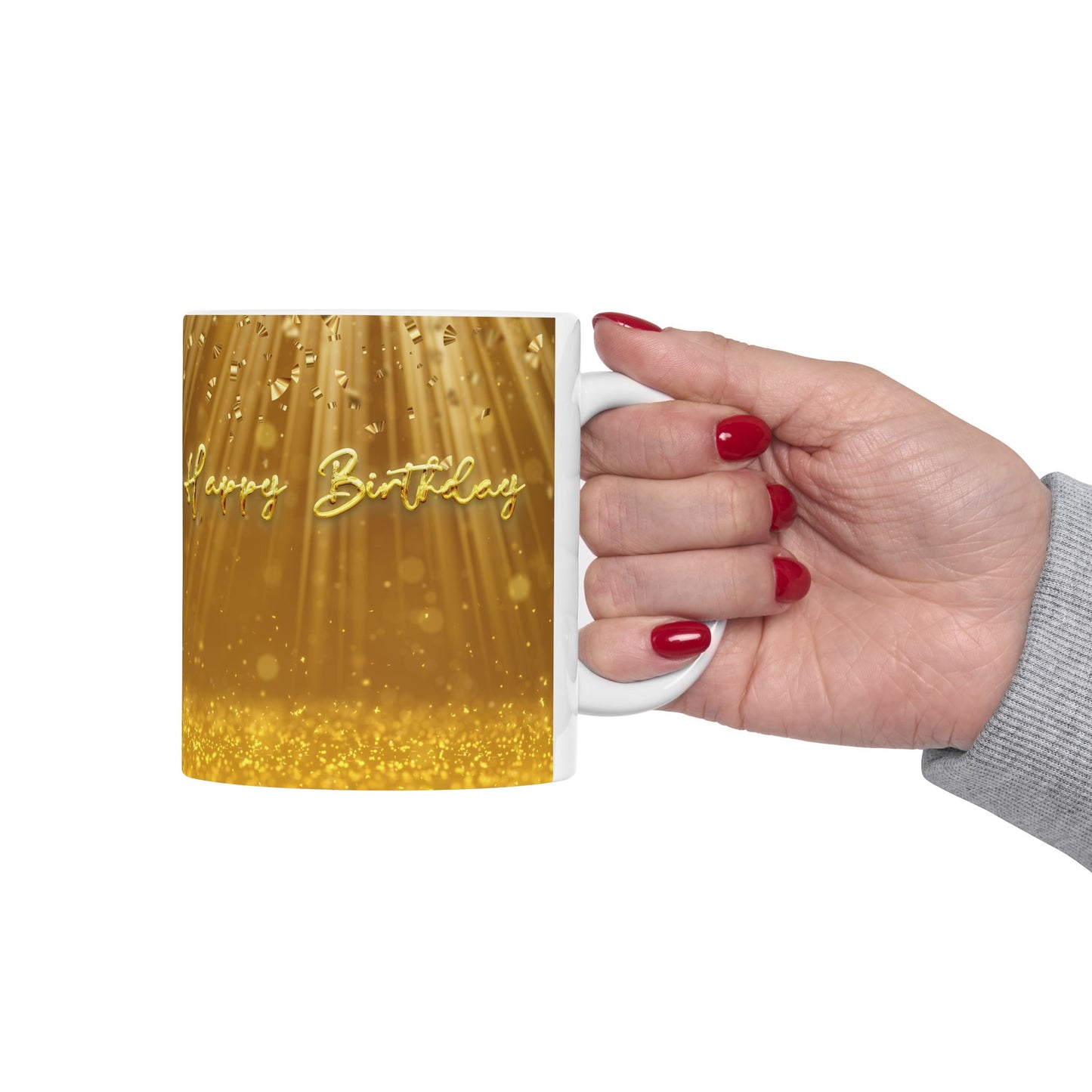 Happy Birthday Mug – Gold Glitter Confetti Design, 11oz & 15oz Ceramic Coffee Cup, Birthday Gift
