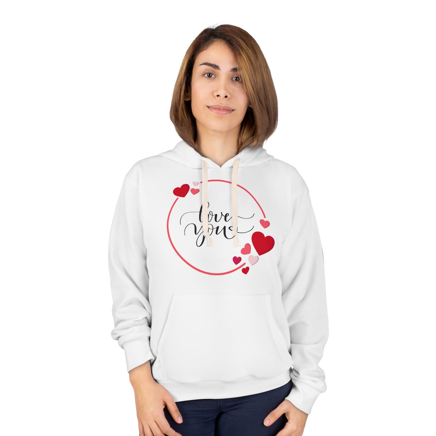 Love You with Hearts Printed Unisex Pullover Hoodie, Red & White