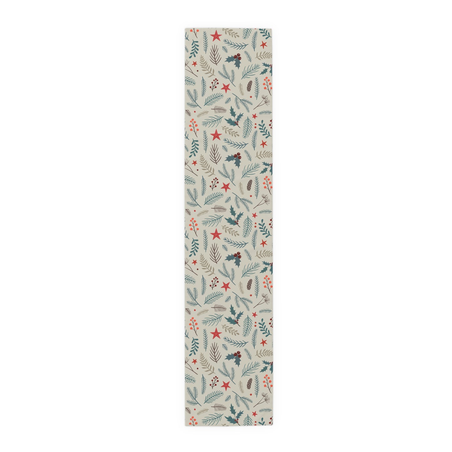Christmas Table Runner, Pinecones and Leaves Pattern, Red Stars and Berries Design, Beige Background Holiday Dining Decor
