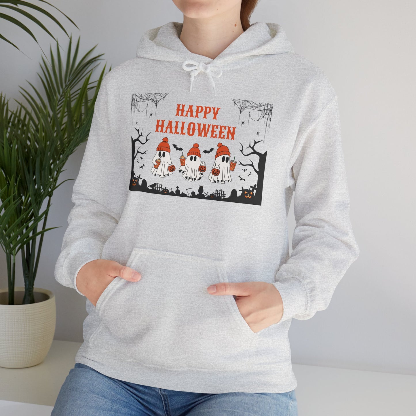 Happy Halloween” Ghost Hoodie – Pumpkin Parade in Haunted Forest