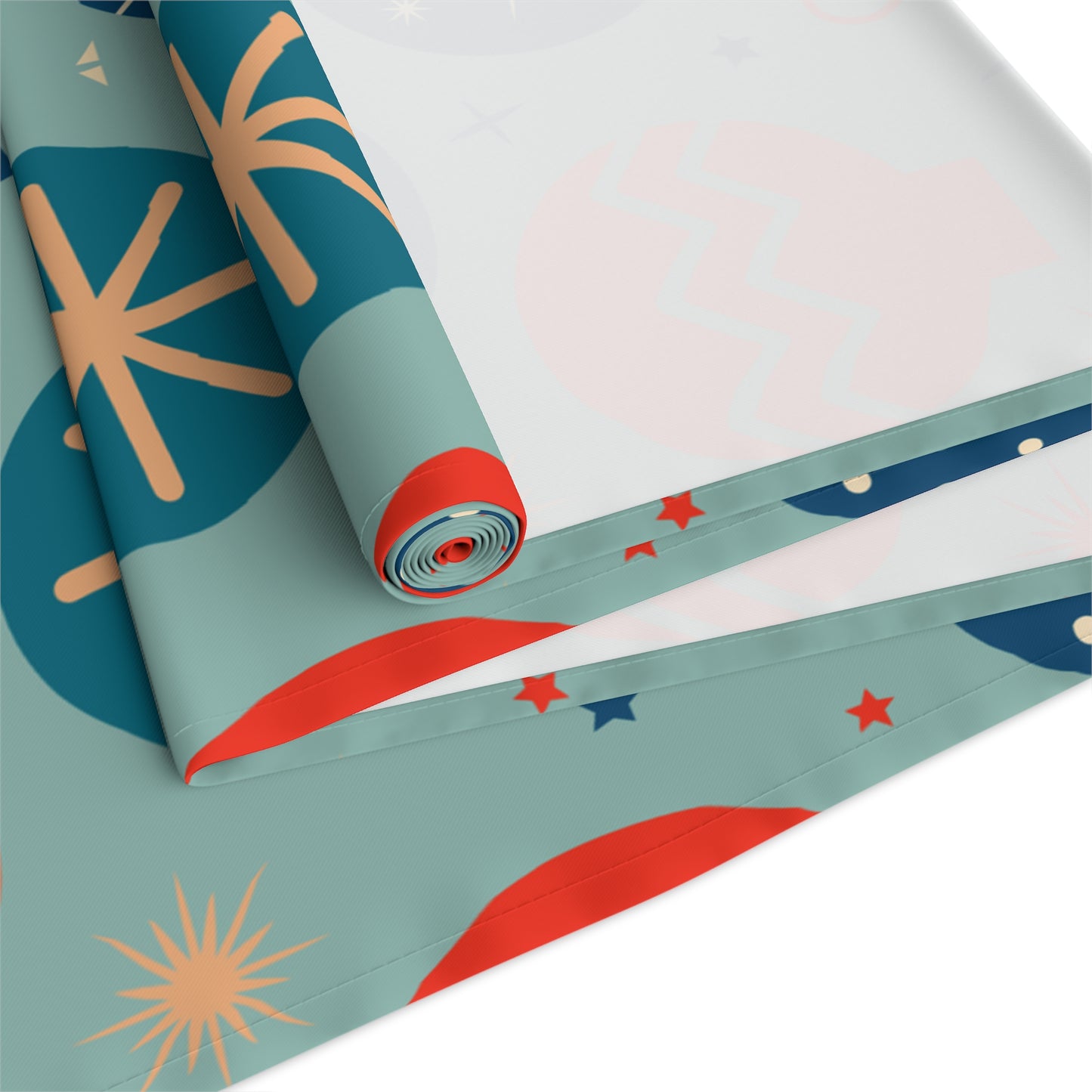Christmas Ornament Pattern Table Runner – Festive Red, Orange & Blue Holiday Decor