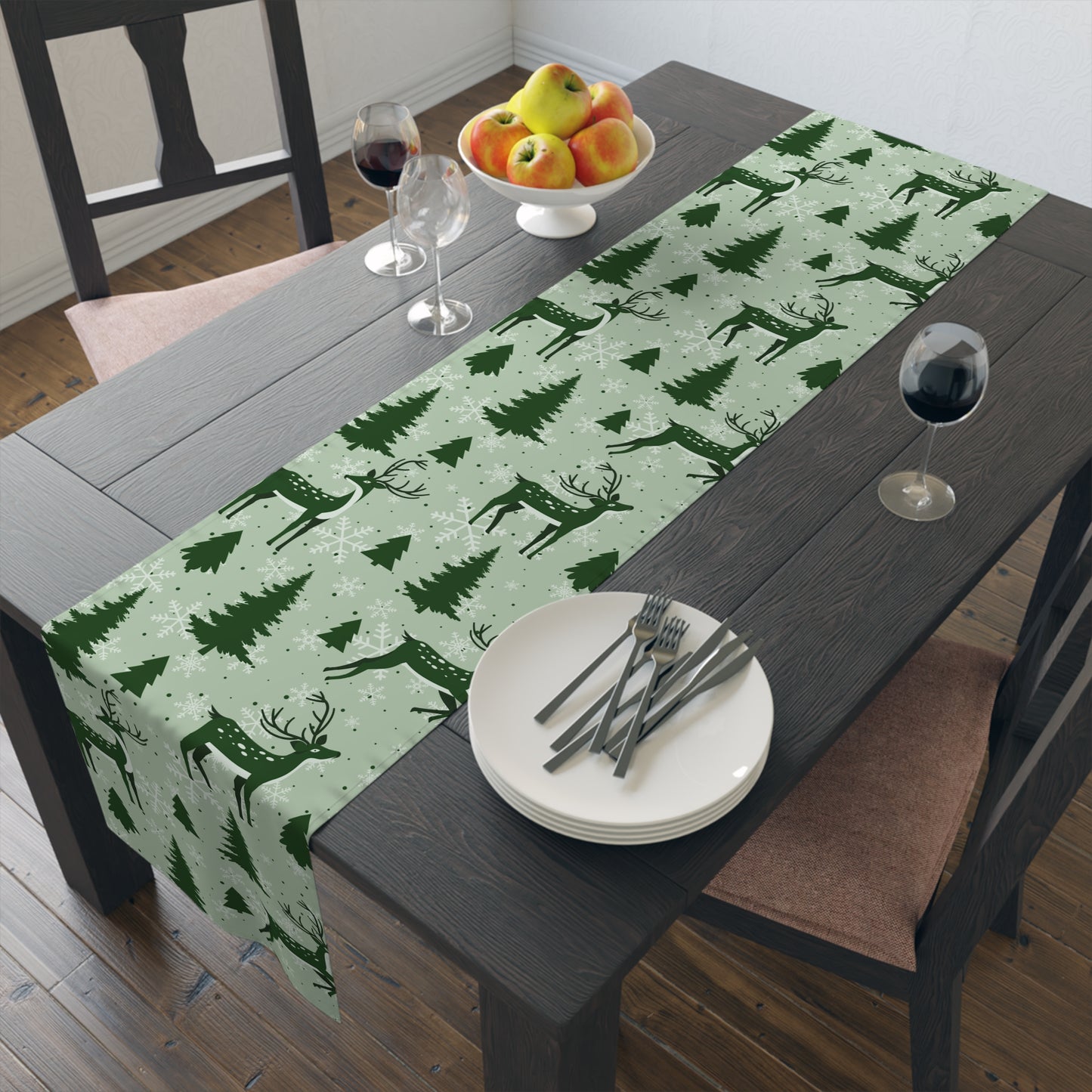 Reindeer & Evergreen Table Runner – Festive Green Winter Holiday Decor