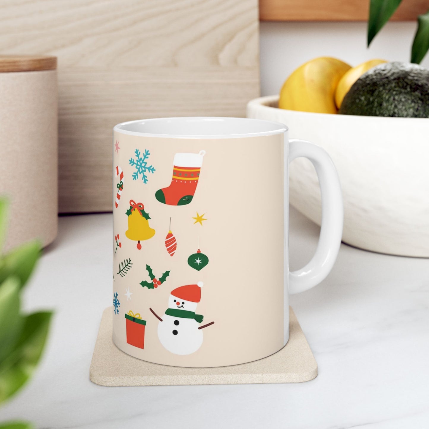 Ceramic Mug – Christmas Icons with Santa, Gingerbread Men & Wreaths – 11oz Festive Gift for Coffee & Cocoa Lover